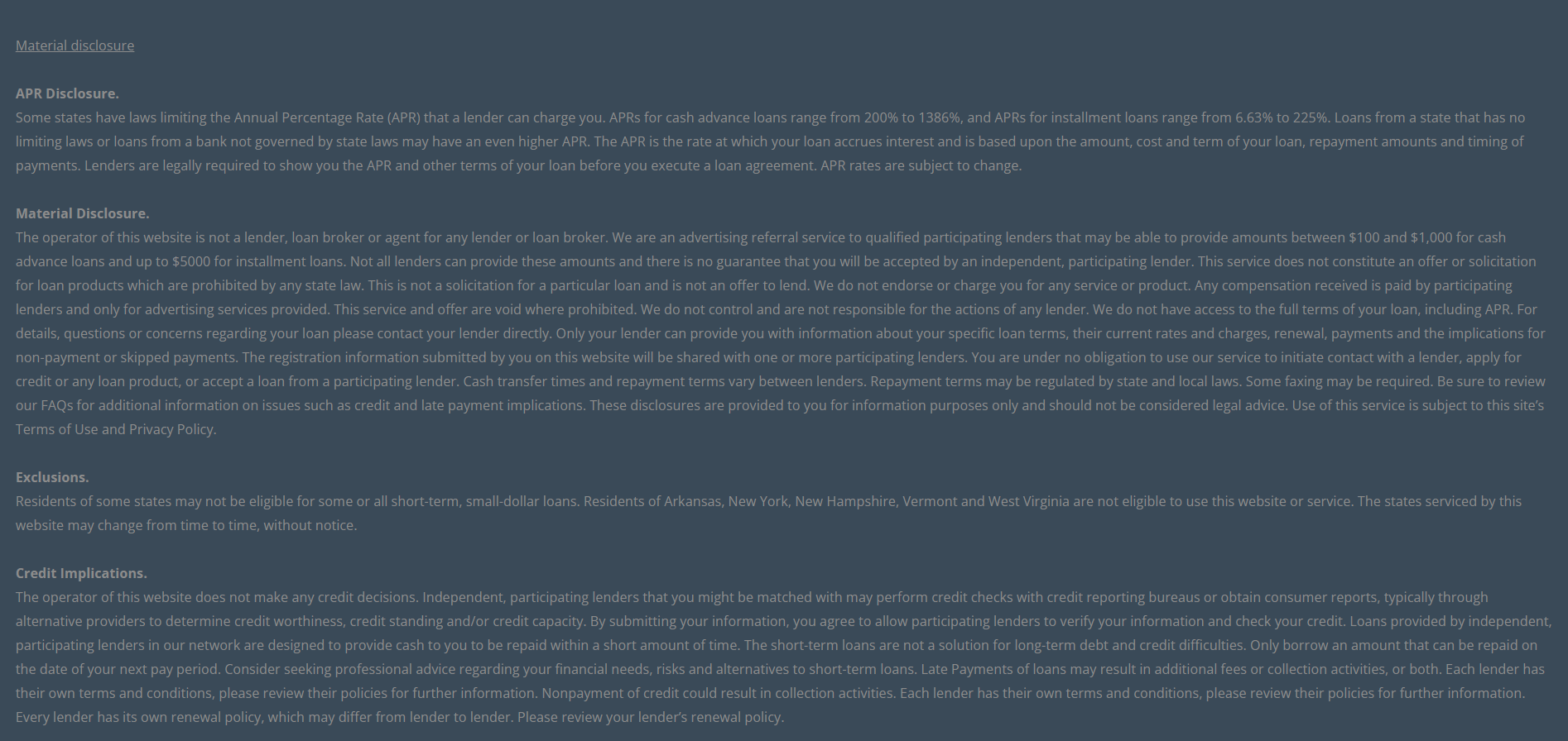 Material disclosure for payday loans in Palm Bay Florida